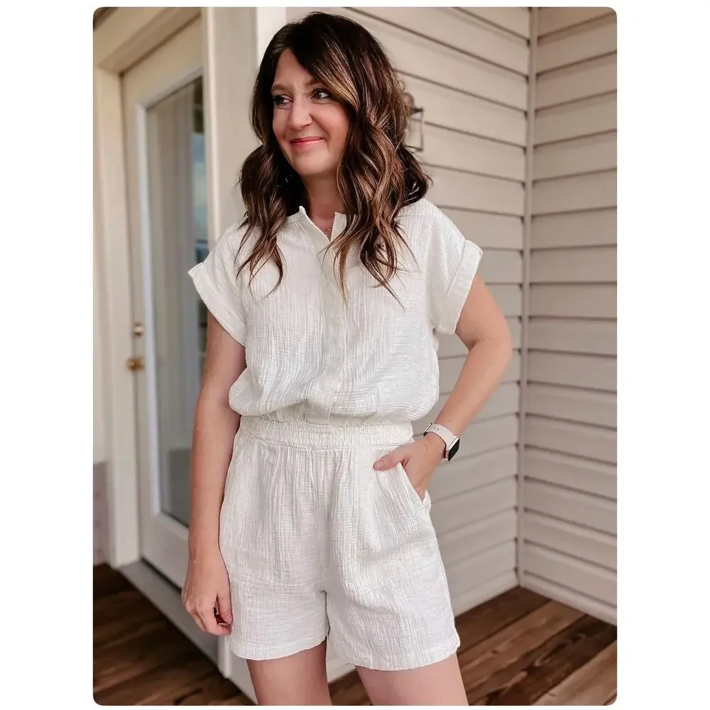 Lou & Grey Cream/Multicolor Speckled Print Short Sleeve Lounge Romper Size Small